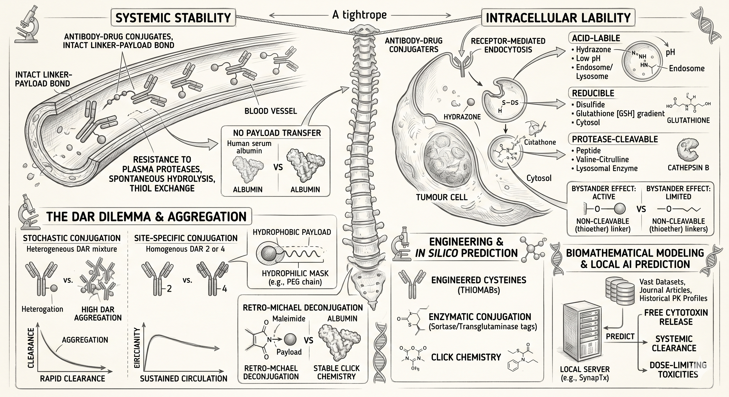 Diagram illustrating ADC linker stability mechanisms, cleavable and non-cleavable linker architectures within the tumour microenvironment