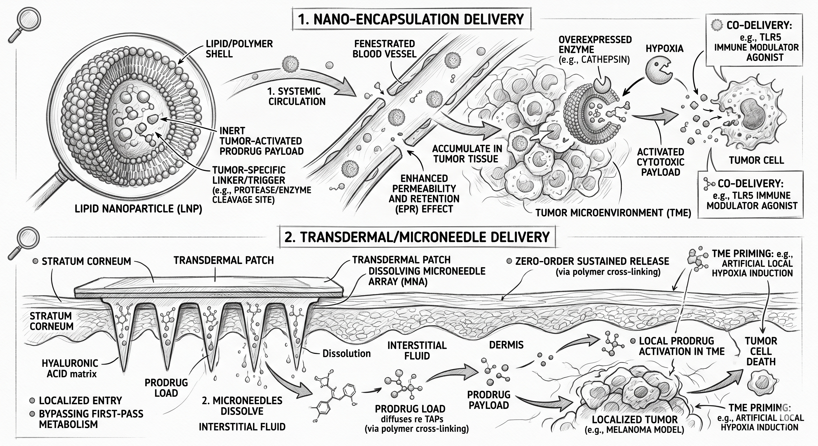 Illustration of tumour-activated prodrug activation pathways within the tumour microenvironment